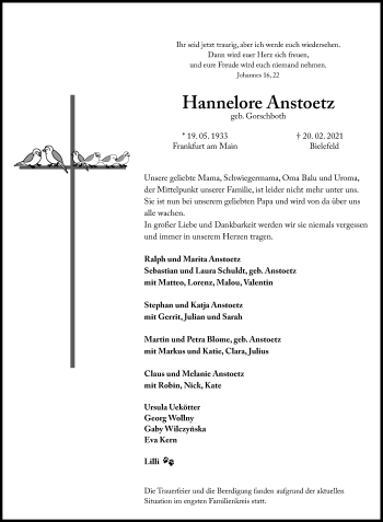 Traueranzeige von Hannelore Anstoetz von Neue Westfälische