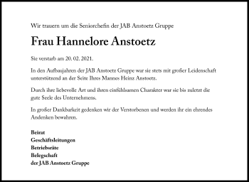 Traueranzeige von Hannelore Anstoetz von Neue Westfälische