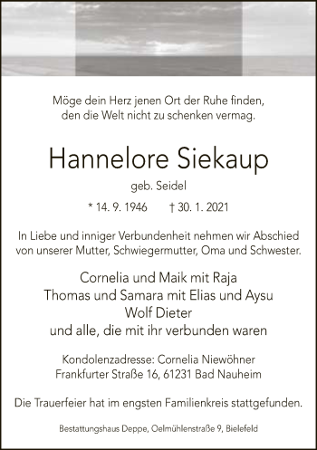 Traueranzeige von Hannelore Siekaup von Neue Westfälische