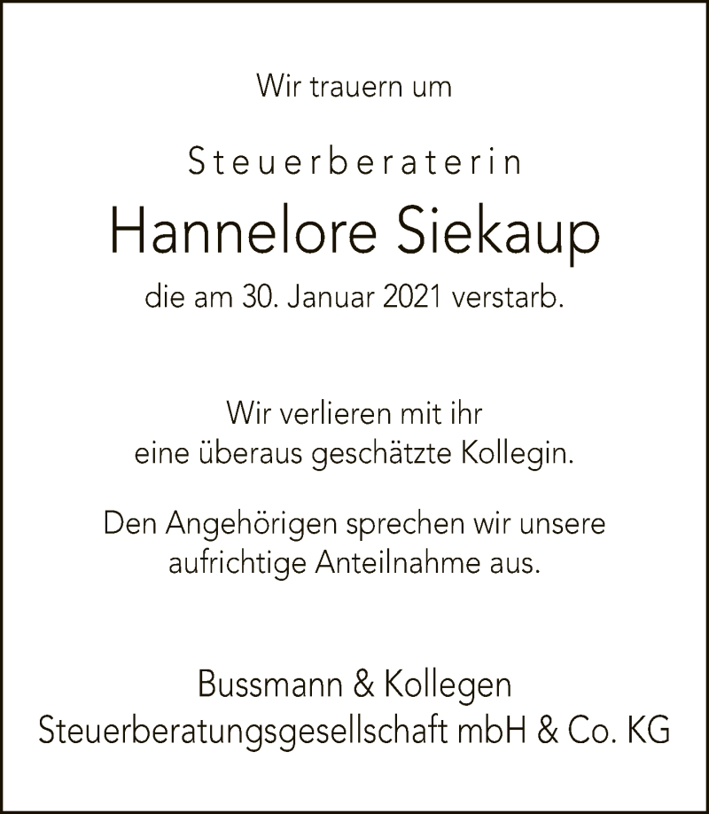  Traueranzeige für Hannelore Siekaup vom 06.02.2021 aus Neue Westfälische