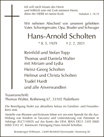 Traueranzeige von Hans-Arnold Scholten von Neue Westfälische