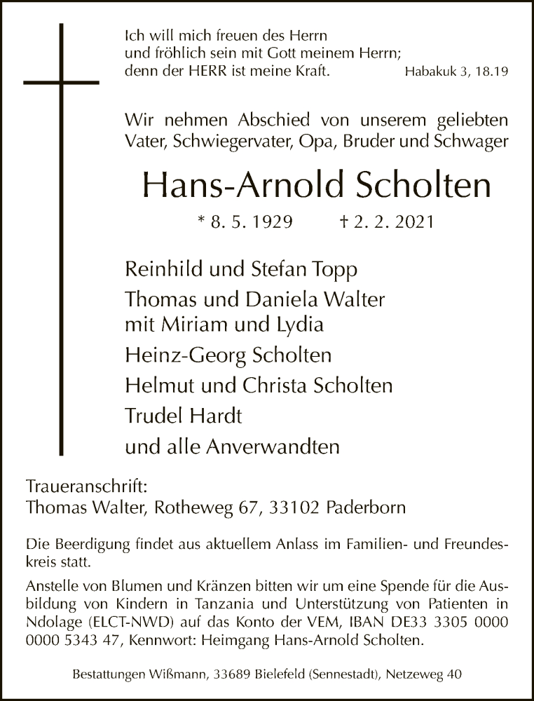  Traueranzeige für Hans-Arnold Scholten vom 06.02.2021 aus Neue Westfälische