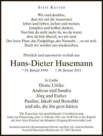 Traueranzeige von Hans-Dieter Husemann von Neue Westfälische