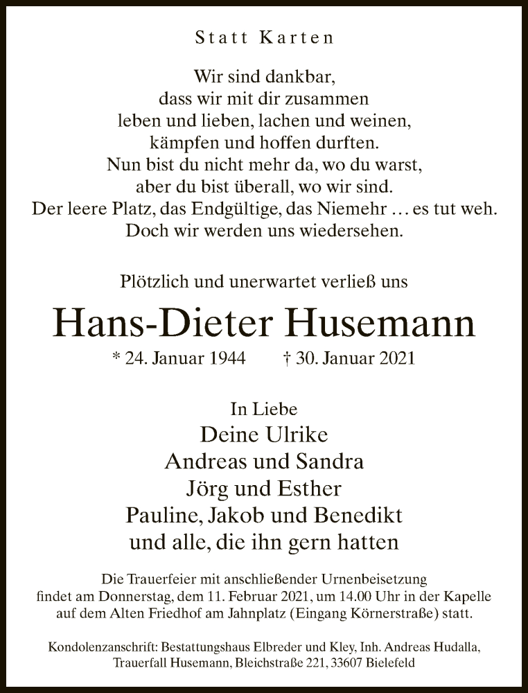  Traueranzeige für Hans-Dieter Husemann vom 06.02.2021 aus Neue Westfälische
