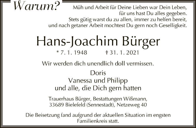  Traueranzeige für Hans-Joachim Bürger vom 13.02.2021 aus Neue Westfälische