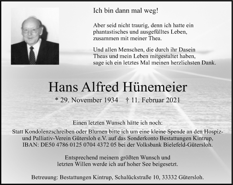 Traueranzeige für Hans Alfred Hünemeier vom 18.02.2021 aus Neue Westfälische