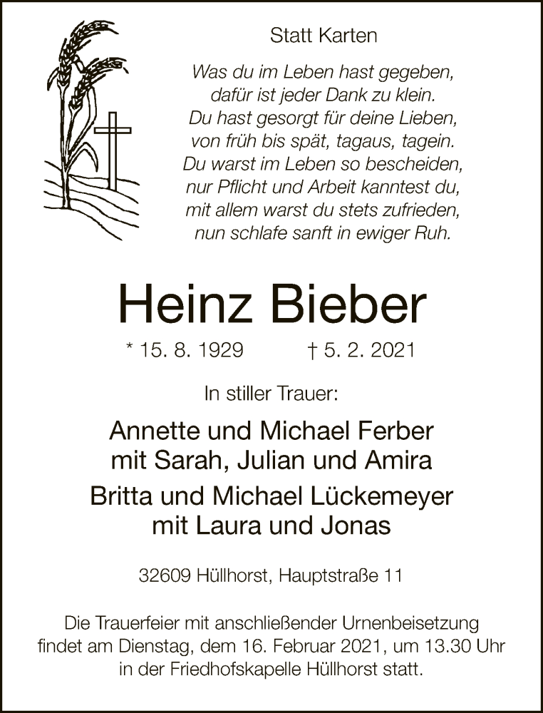  Traueranzeige für Heinz Bieber vom 10.02.2021 aus Neue Westfälische
