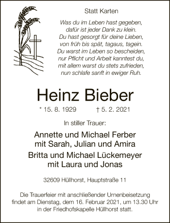 Traueranzeige von Heinz Bieber von Neue Westfälische