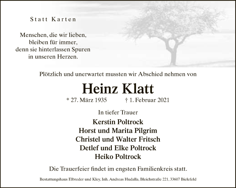  Traueranzeige für Heinz Klatt vom 06.02.2021 aus Neue Westfälische