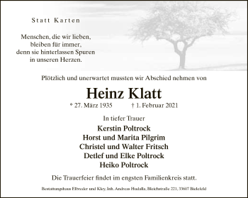 Traueranzeige von Heinz Klatt von Neue Westfälische
