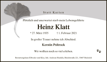 Traueranzeige von Heinz Klatt von Neue Westfälische