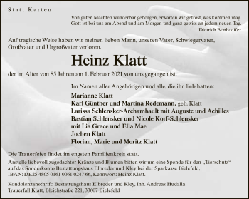 Traueranzeige von Heinz Klatt von Neue Westfälische