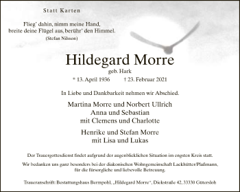 Traueranzeige von Hildegard Morre von Neue Westfälische