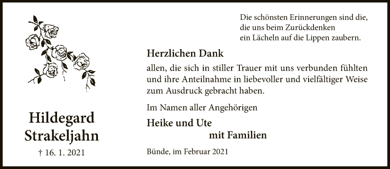  Traueranzeige für Hildegard Strakeljahn vom 27.02.2021 aus Neue Westfälische