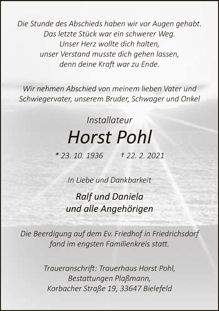  Traueranzeige für Horst Pohl vom 27.02.2021 aus Neue Westfälische