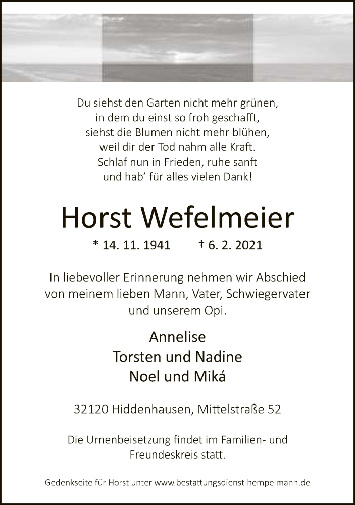  Traueranzeige für Horst Wefelmeier vom 13.02.2021 aus Neue Westfälische