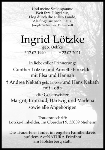 Traueranzeige von Ingrid Lötzke von Neue Westfälische