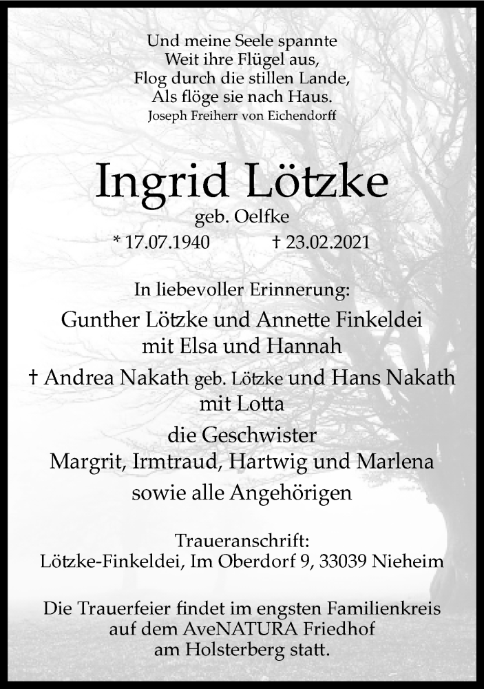  Traueranzeige für Ingrid Lötzke vom 27.02.2021 aus Neue Westfälische