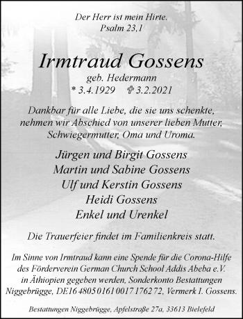 Traueranzeige von Irmtraud Gossens von Neue Westfälische