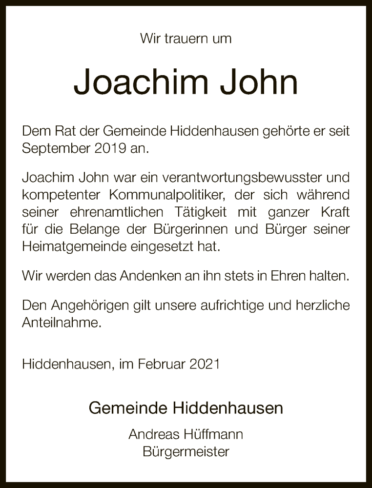  Traueranzeige für Joachim John vom 16.02.2021 aus Neue Westfälische
