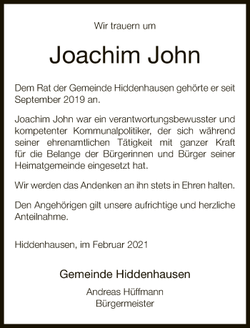 Traueranzeige von Joachim John von Neue Westfälische
