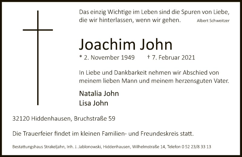  Traueranzeige für Joachim John vom 13.02.2021 aus Neue Westfälische