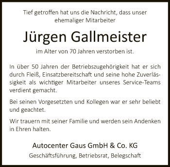Traueranzeige von Jürgen Gallmeister von Neue Westfälische