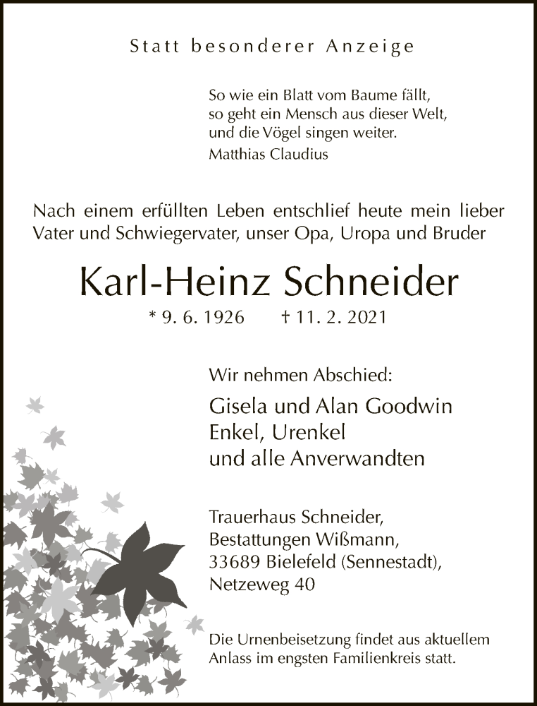  Traueranzeige für Karl-Heinz Schneider vom 16.02.2021 aus Neue Westfälische