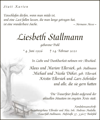 Traueranzeige von Liesbeth Stallmann von Neue Westfälische