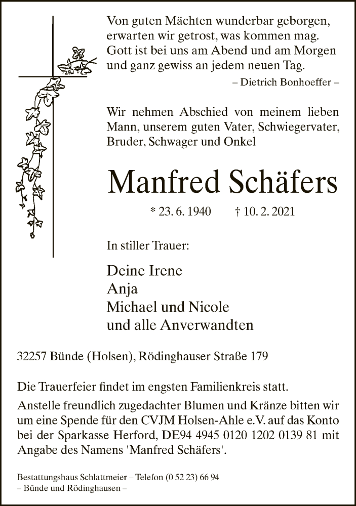  Traueranzeige für Manfred Schäfers vom 13.02.2021 aus Neue Westfälische