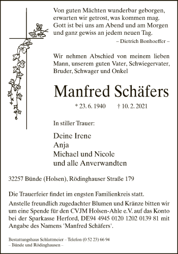 Traueranzeige von Manfred Schäfers von Neue Westfälische