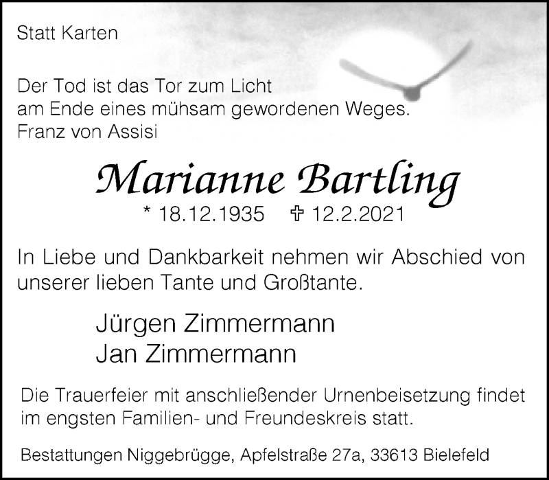  Traueranzeige für Marianne Bartling vom 20.02.2021 aus Neue Westfälische