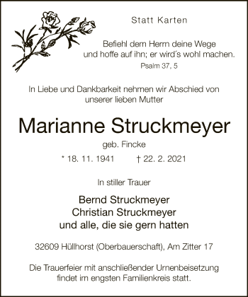 Traueranzeige von Marianne Struckmeyer von Neue Westfälische