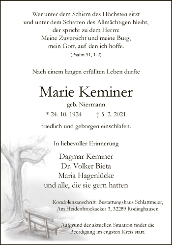 Traueranzeige von Marie Keminer von Neue Westfälische