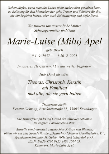 Traueranzeige von Marie-Luise  Apel von Neue Westfälische