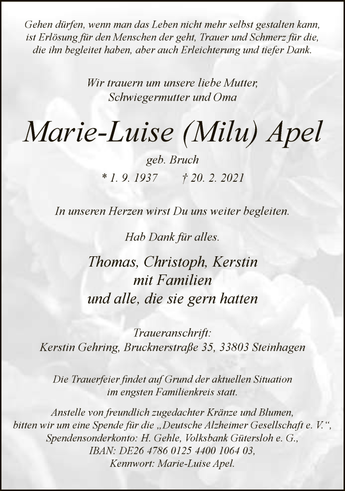  Traueranzeige für Marie-Luise  Apel vom 27.02.2021 aus Neue Westfälische