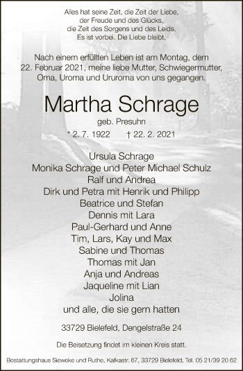 Traueranzeige von Martha Schrage von Neue Westfälische