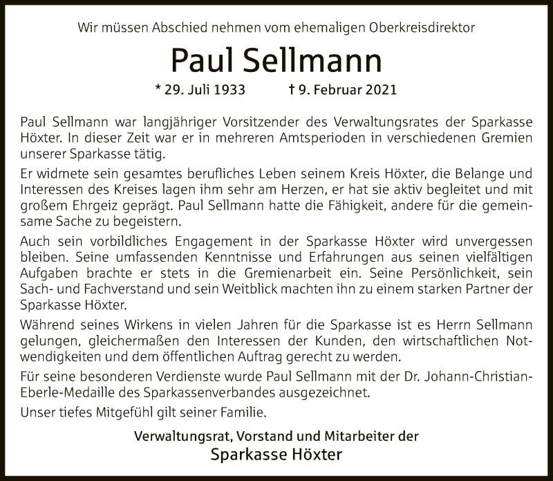  Traueranzeige für Paul Sellmann vom 17.02.2021 aus Neue Westfälische