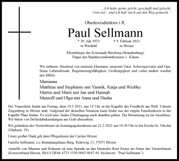 Traueranzeige von Paul Sellmann von Neue Westfälische