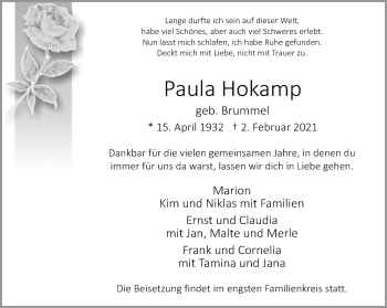 Traueranzeige von Paula Hokamp von Neue Westfälische