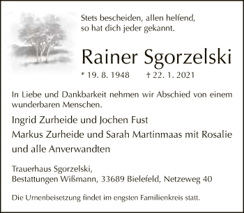 Traueranzeige von Rainer Sgorzelski von Neue Westfälische