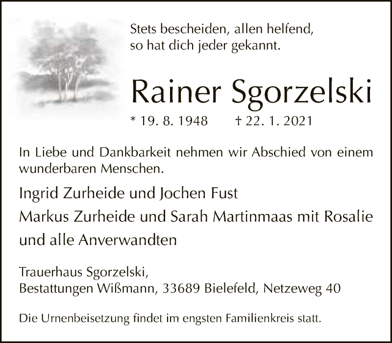  Traueranzeige für Rainer Sgorzelski vom 27.02.2021 aus Neue Westfälische
