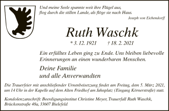 Traueranzeige von Ruth Waschk von Neue Westfälische