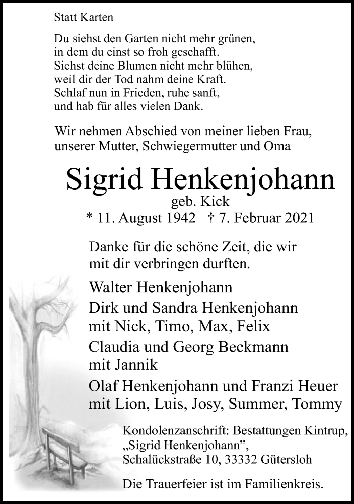  Traueranzeige für Sigrid Henkenjohann vom 12.02.2021 aus Neue Westfälische