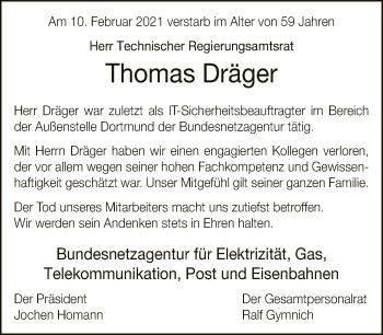 Traueranzeige von Thomas Dräger von Neue Westfälische