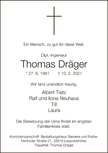 Traueranzeige von Thomas Dräger von Neue Westfälische