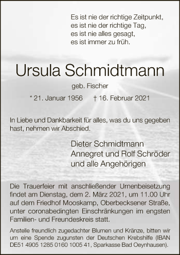 Traueranzeige von Ursula Schmidtmann von Neue Westfälische