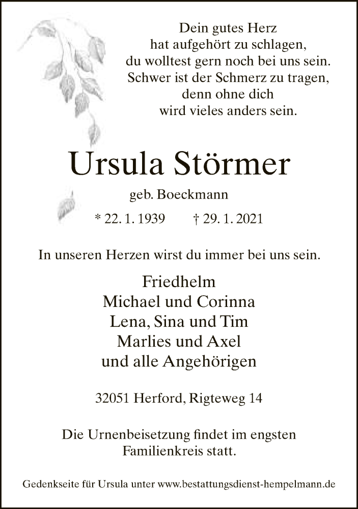  Traueranzeige für Ursula Störmer vom 02.02.2021 aus Neue Westfälische