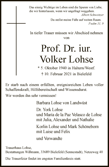 Traueranzeige von Volker Lohse von Neue Westfälische
