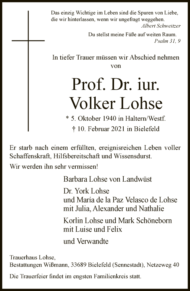  Traueranzeige für Volker Lohse vom 20.02.2021 aus Neue Westfälische